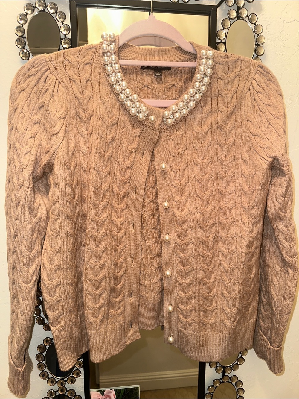 Adrianna Papell Beige/Plush Cable-Knit Pearl and Rhinestone Collar Cardigan